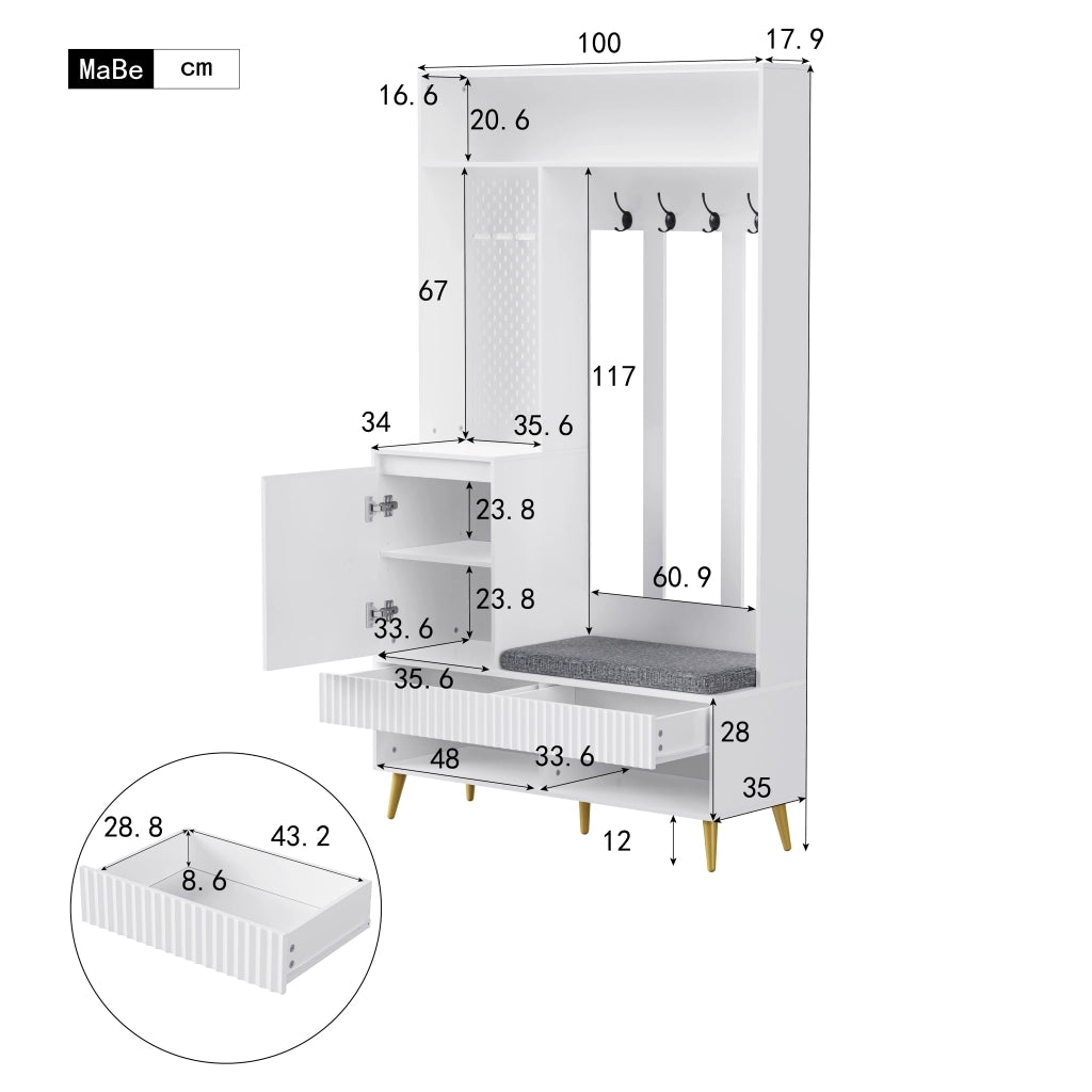 MOBILE INGRESSO Con panca 100x35x180 cm MDF bianco