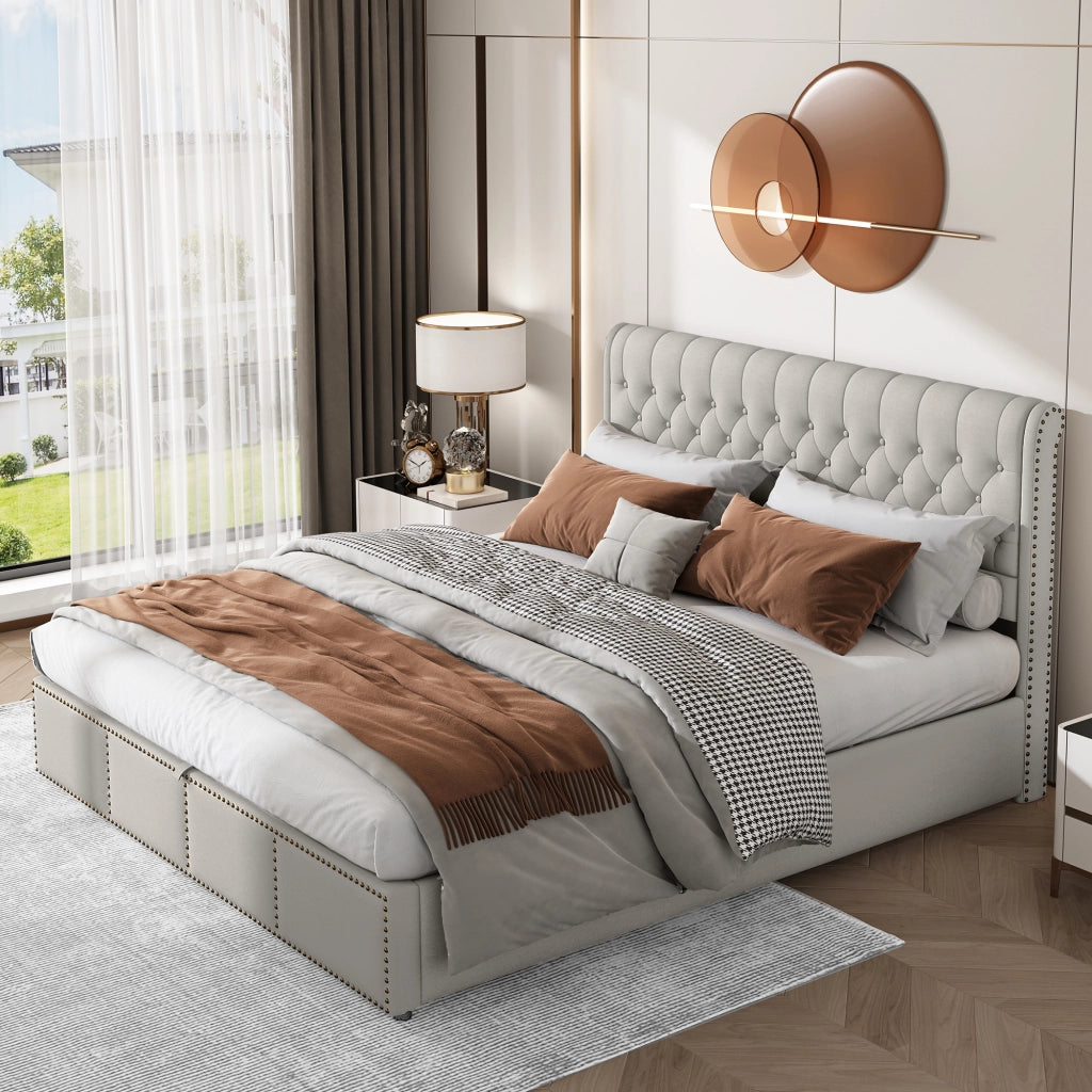 DESMIU Letto Contenitore 180 × 200 cm 2 posti con vano contenitore, senza materasso, in lino, grigio