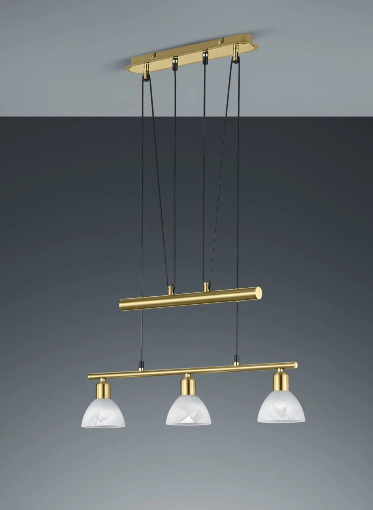 LEVISTO SOSPENSIONE C/BILANCERE LED 3 VETRI OTTONE L.60,5CM 3 LUCI ATTACCO E14, LAMPADINE INCLUSE 14,7W 1410LM 3000K