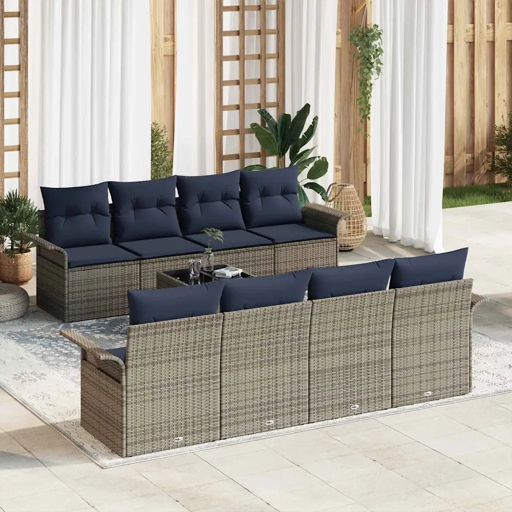 Set Divano da Giardino 9 pcs Grigio e Blu Navy polyrattan 3353964