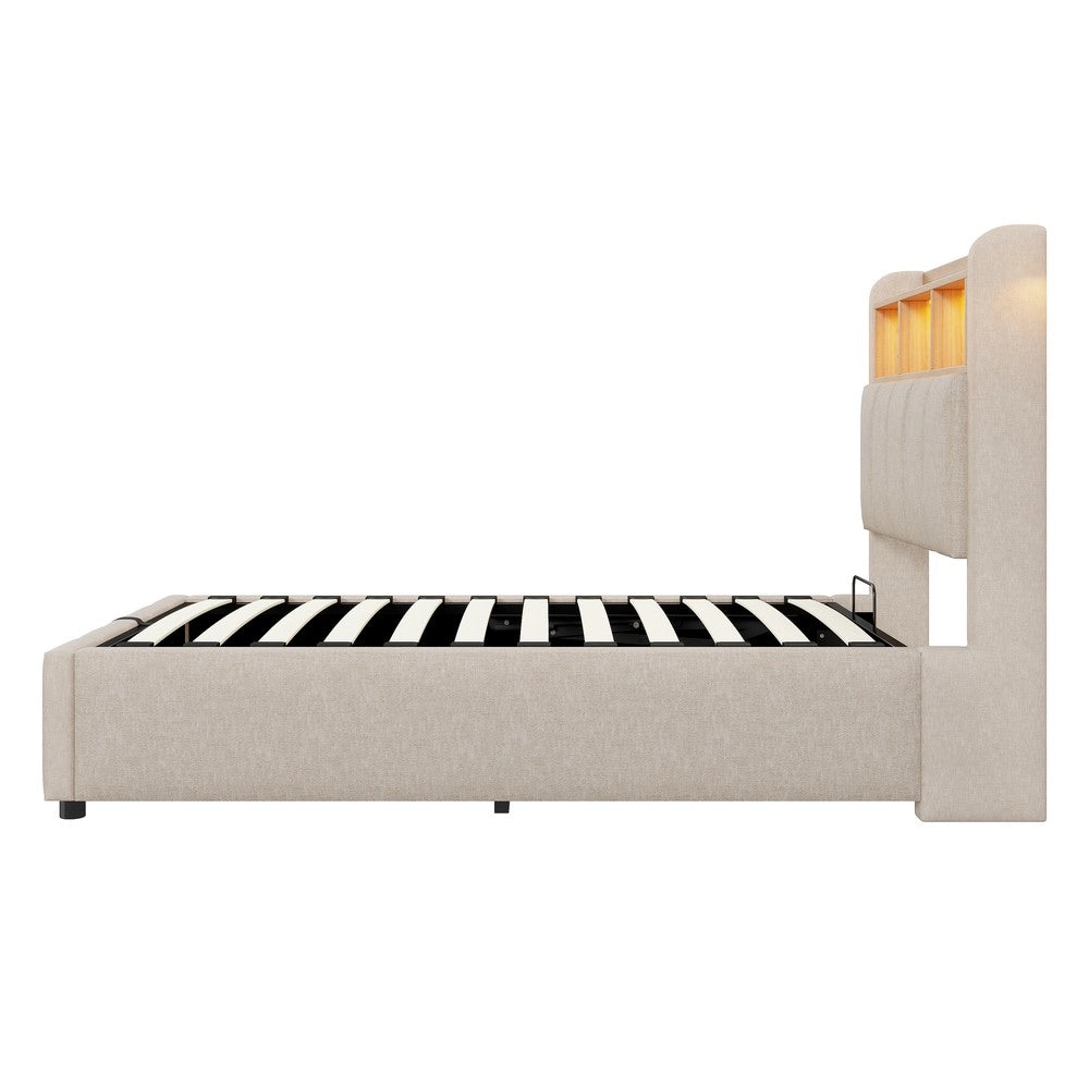 Letto Imbottito Singolo con LED, USB e Contenitore Idraulico ¨C MINIMAL ¨C Lino Beige 90x200