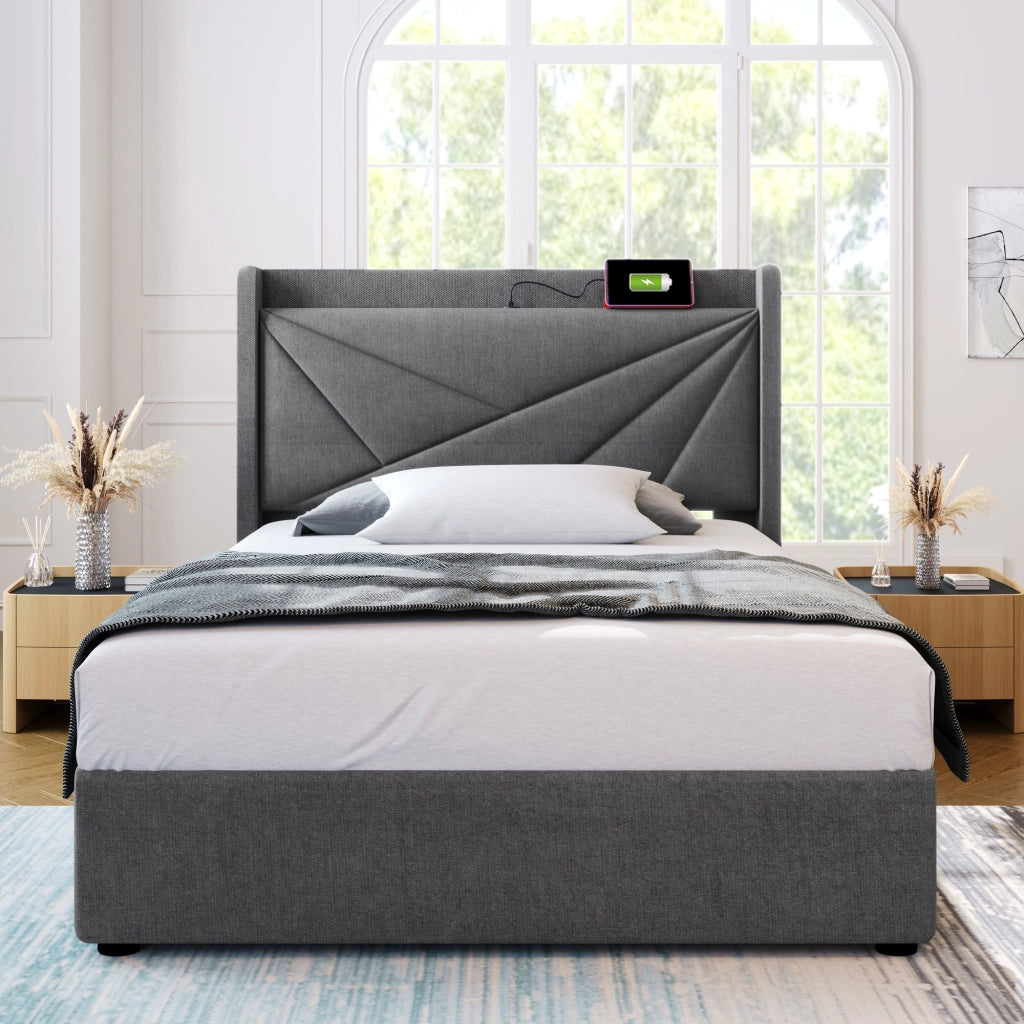 LETTO Singolo Contenitore 90x200 cm Grigio in Cotone-Lino con USB e Type-C