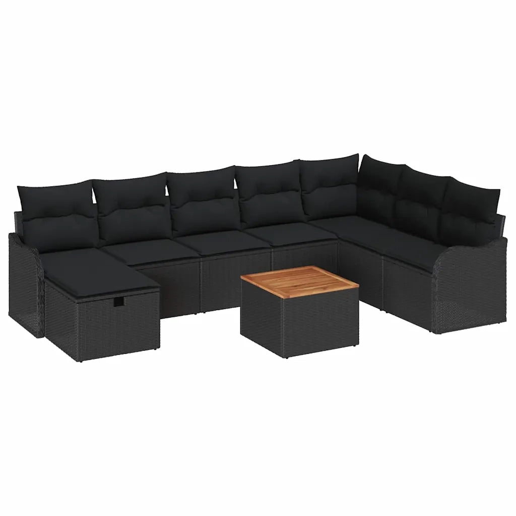 Set Divano da Giardino con cuscino 9 pcs Nero polyrattan