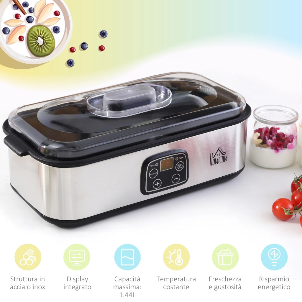 EasyComfort Yogurtiera Elettrica 25W con 8 Vasetti Inclusi, Timer 1-48 Ore e Temperatura Regolabile 20-50°C, 36x18.8x14cm, Argento