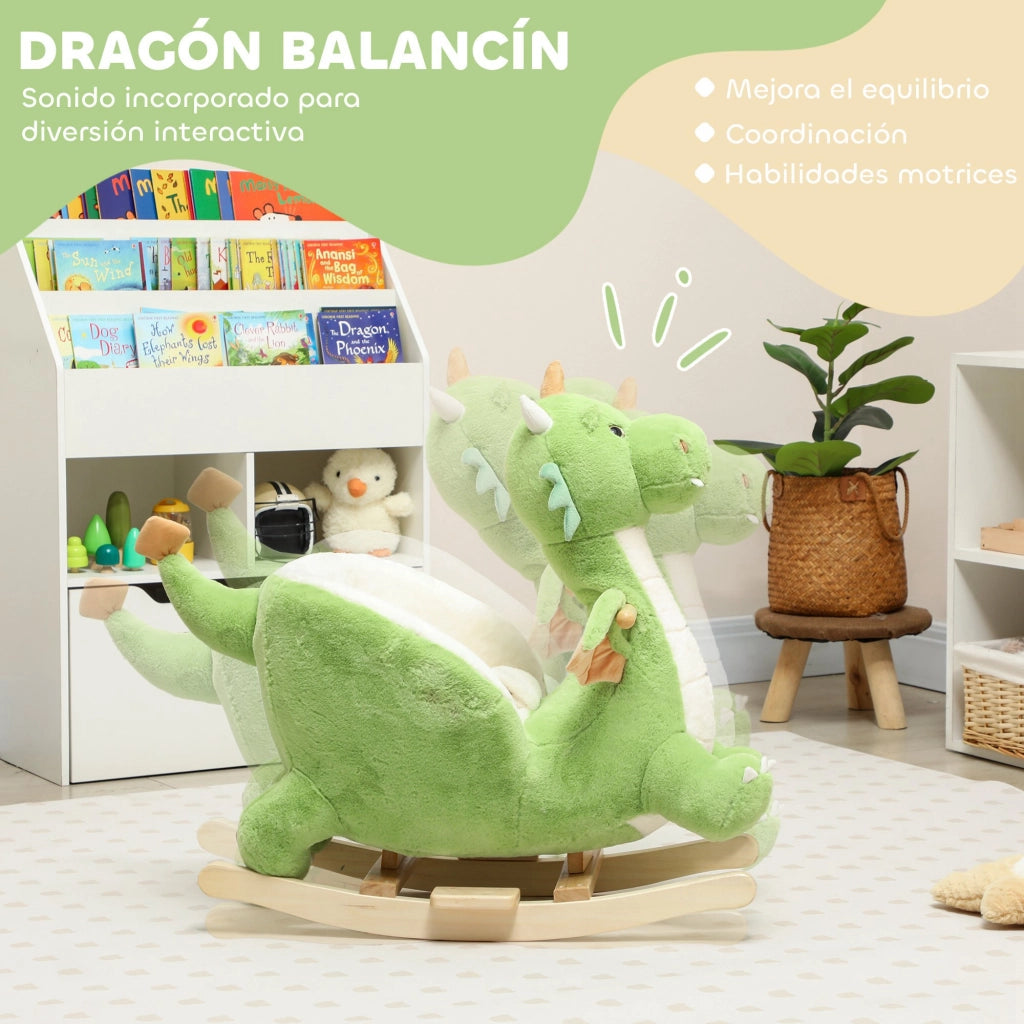 Cavallo a dondolo in peluche ¨C Xylo ¨C base legno con suono, verde, 18-36 mesi