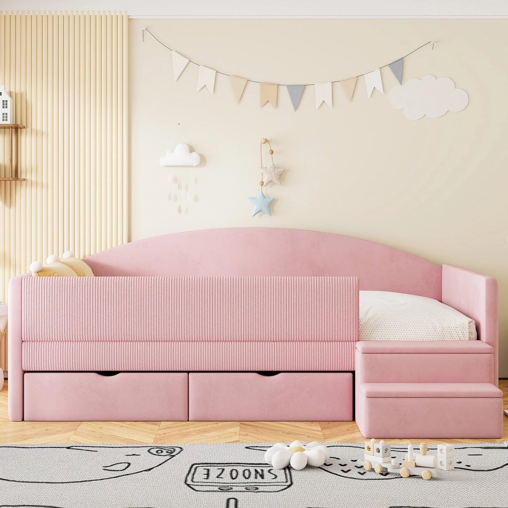 LETTO imbottito 90x190 cm Rosa con 2 cassetti e scaletta