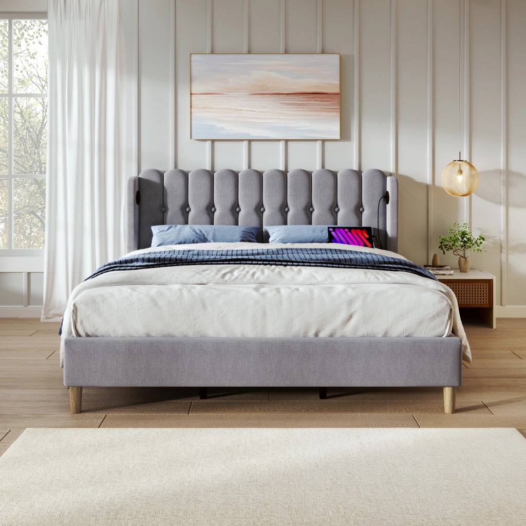 LETTO imbottito 140x200 cm in lino grigio con ricarica USB e Type-C