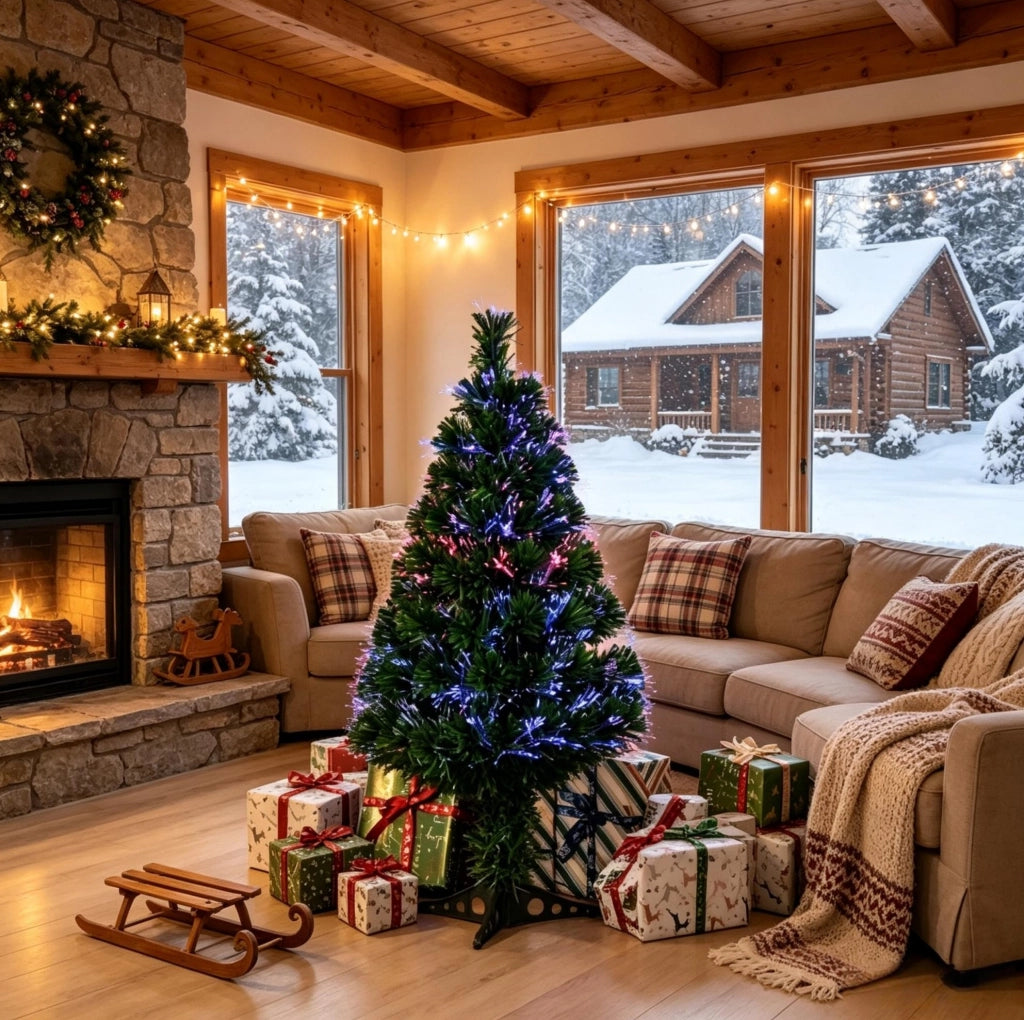 Albero di Natale artificiale ULEVR 90 cm con 90 rami e fibre ottiche multicolore, verde