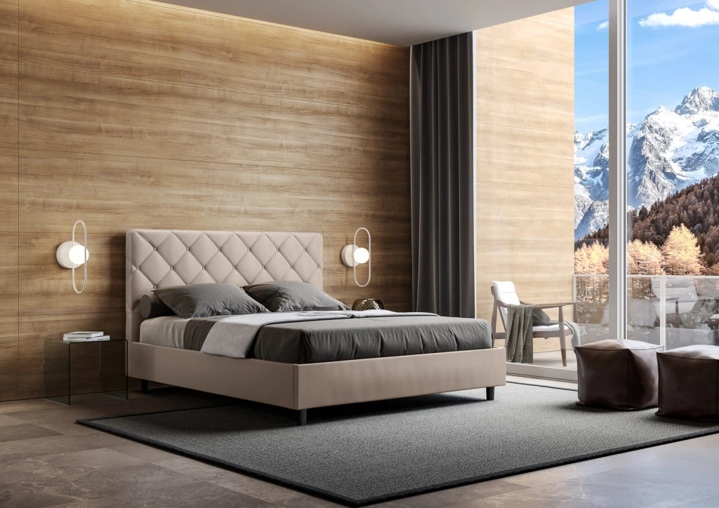 BS COM Letto matrimoniale francese con rete imbottito 140x200 similpelle tortora