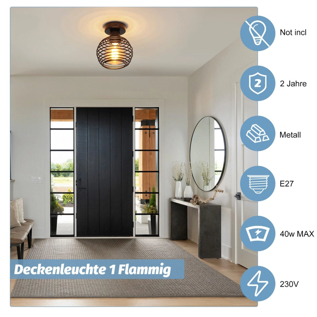 ZMH Lampada da soffitto plafoniera retrò nera E27 max 40W per corridoi scale