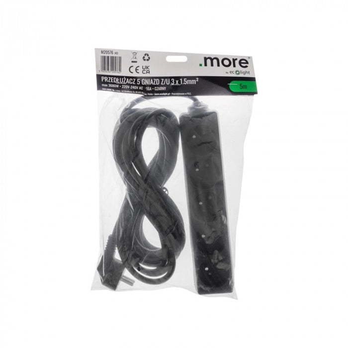 Prolunga elettrica 5 prese 5 m con terra nera Ecolight