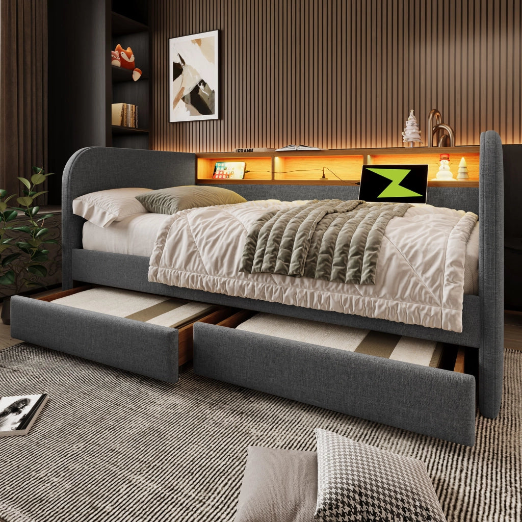 LETTO Imbottito 140x190 cm Grigio in Lino con LED, USB e 2 Cassetti