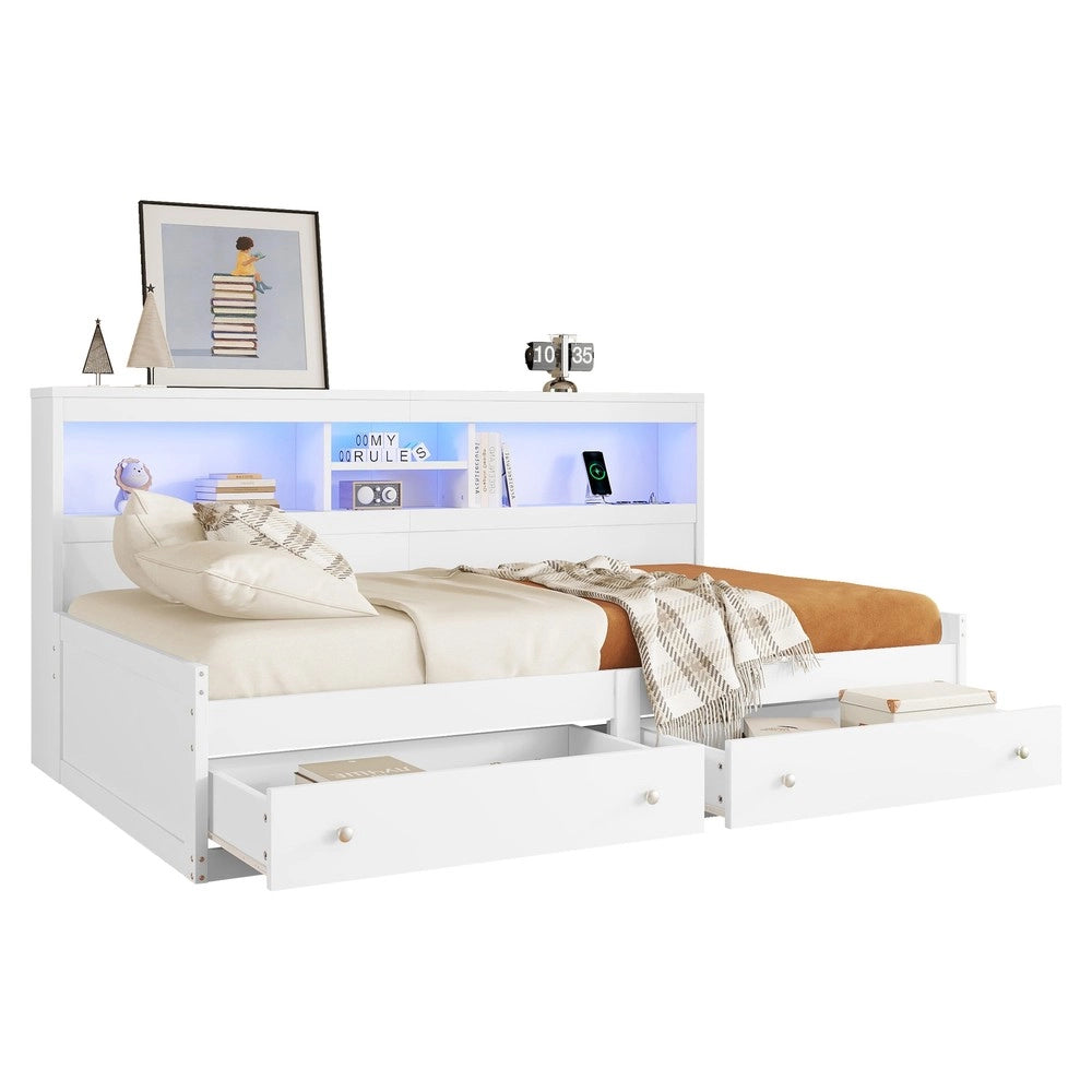 Letto Singolo con Divano, Comodino, LED e Cassetti ¨C MINIMAL ¨C Bianco 90x200