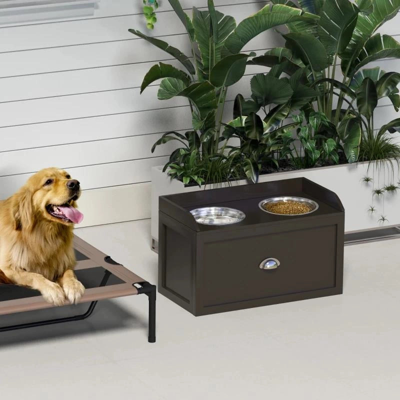 CIOTOLE PER CANI RIALZATE IN ACCIAIO INOX E LEGNO CON CASSETTO, 60X30X36CM, MARRONE