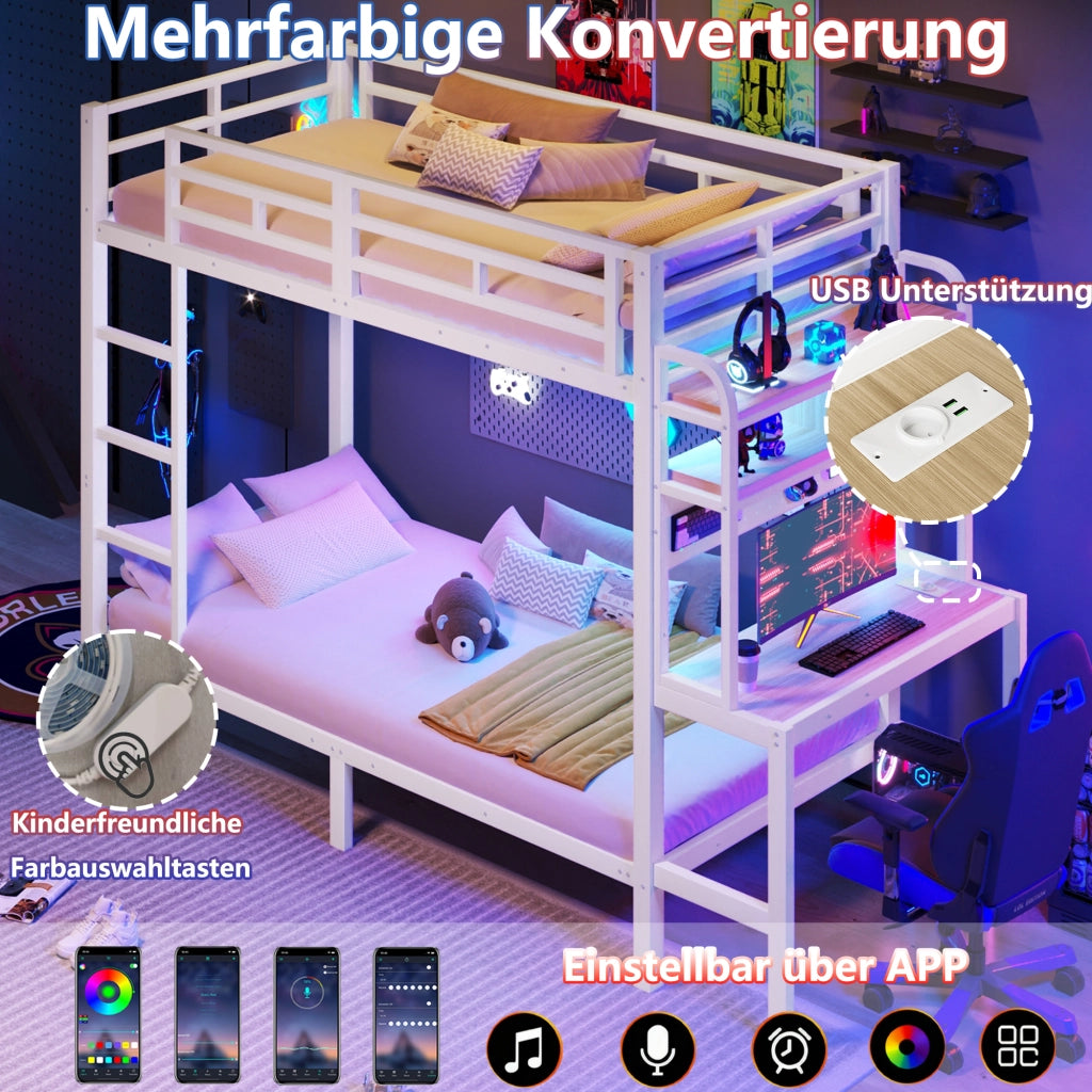 LETTO a castello 90x200 cm Metallo e MDF Bianco con scrivania e LED