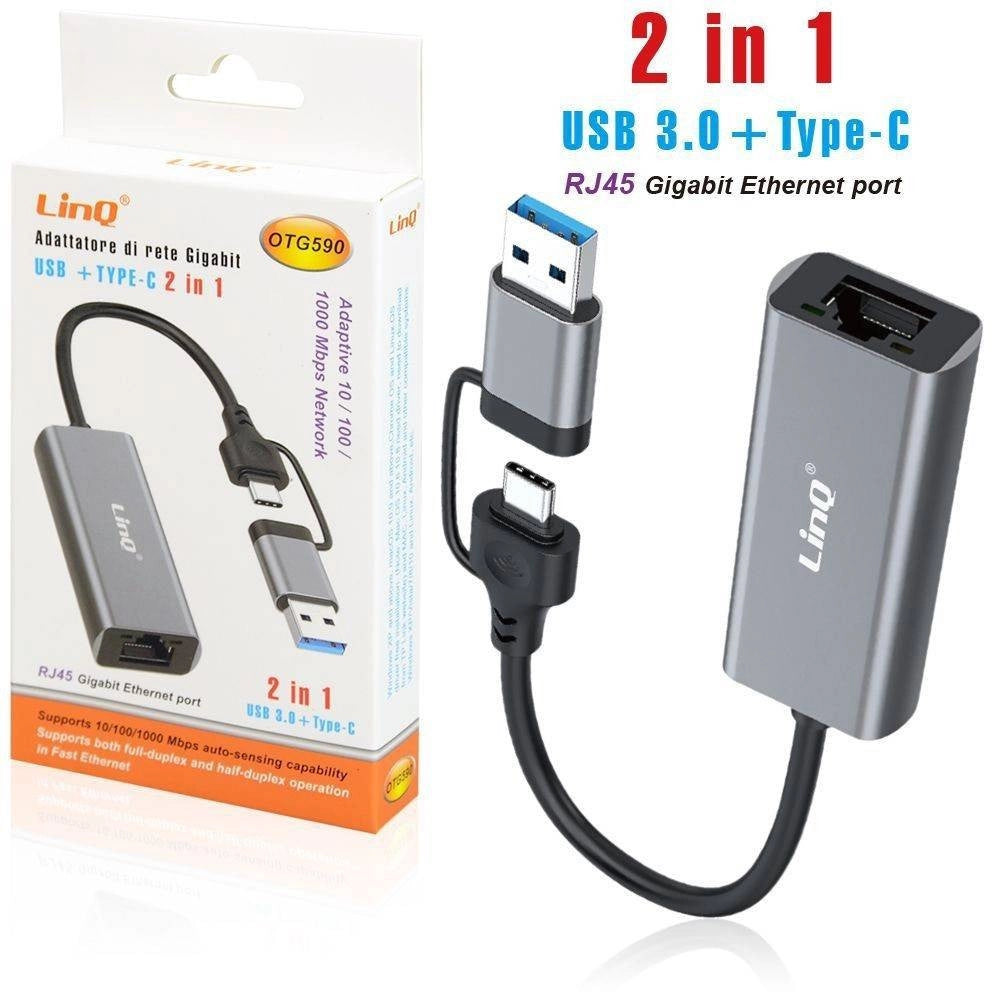 Trade Shop - Adattatore Di Rete Gigabit Ethernet Porta Rj45 2 In 1 Usb 3.0 + Type-c Otg590 -