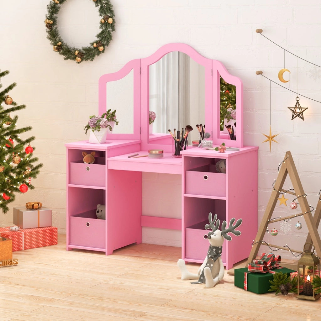 Set toeletta per bambini con specchio a 3 ante rimovibile e 4 cassetti in tessuto, Mobile da trucco per bambini Rosa