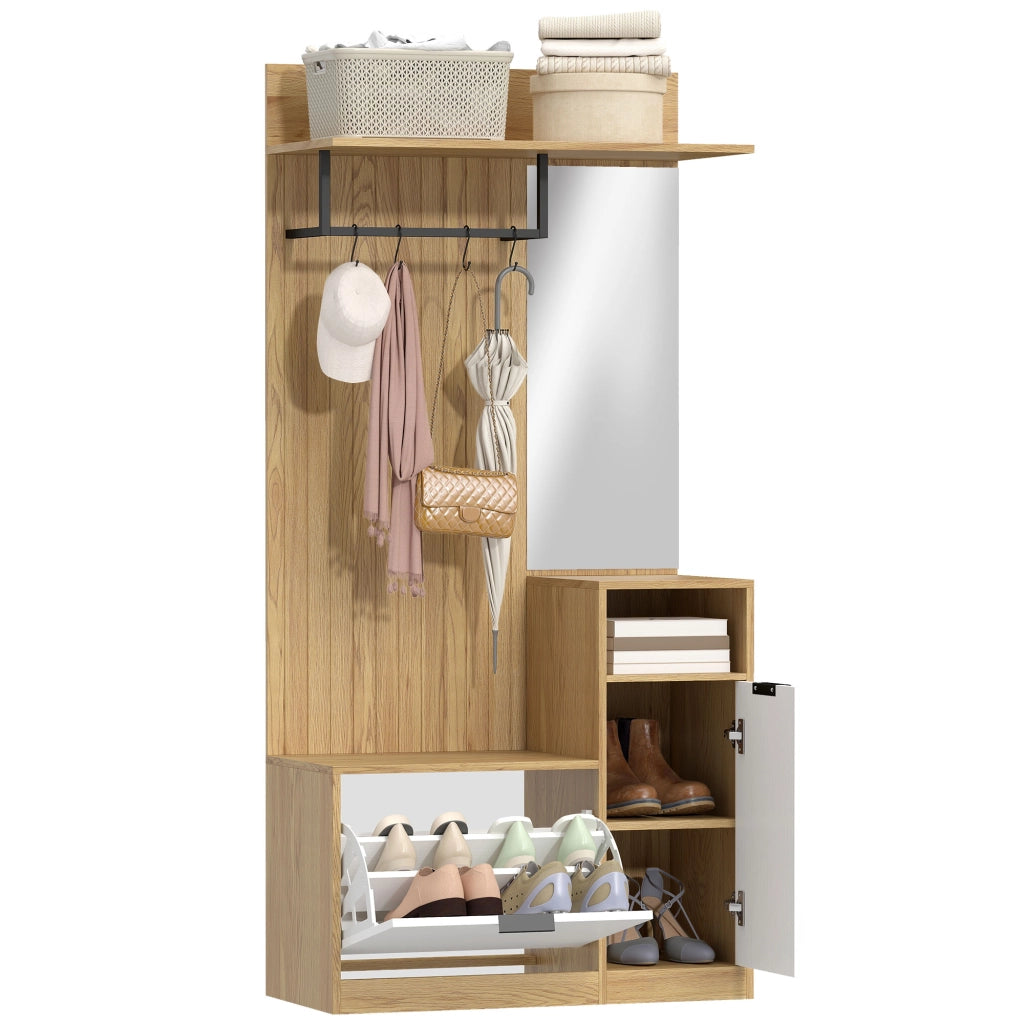 Appendiabiti con panca, scarpiera e armadietto ¨C Minimal ¨C rovere e bianco, 80x30x100 cm
