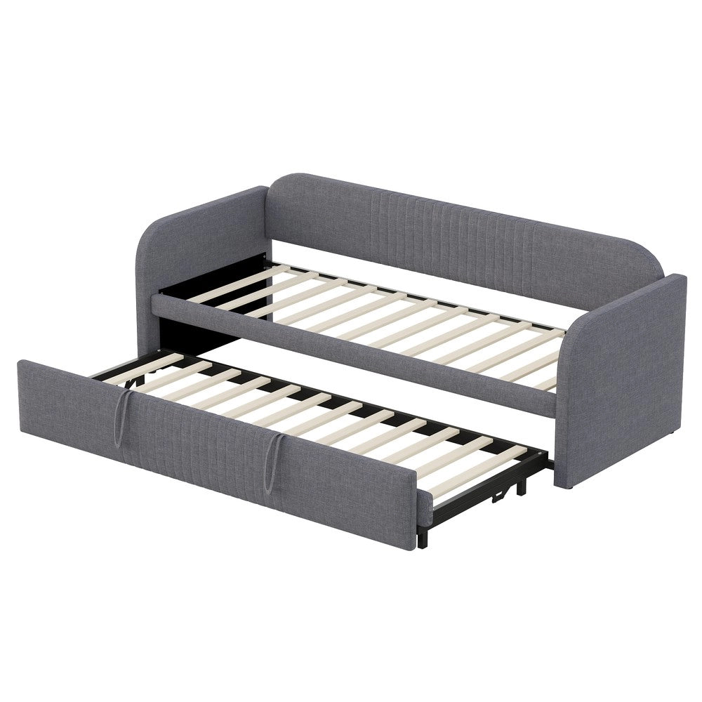 Letto Imbottito Estraibile ¨C MINIMAL ¨C Grigio, Tessuto Lino, Rete a Doghe, 90x190/180x190