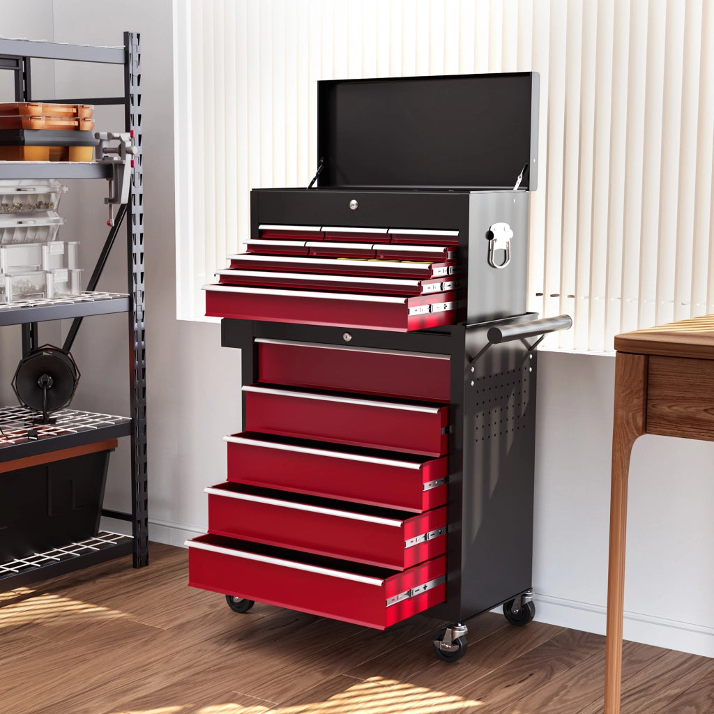Carrello attrezzi a cassetti con pannello forato ¨C zephmum ¨C 14 cassetti, acciaio, rosso