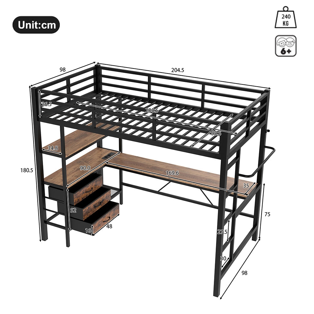 Letto a soppalco - Xylo - 90x200 cm LED 3 cassetti nero