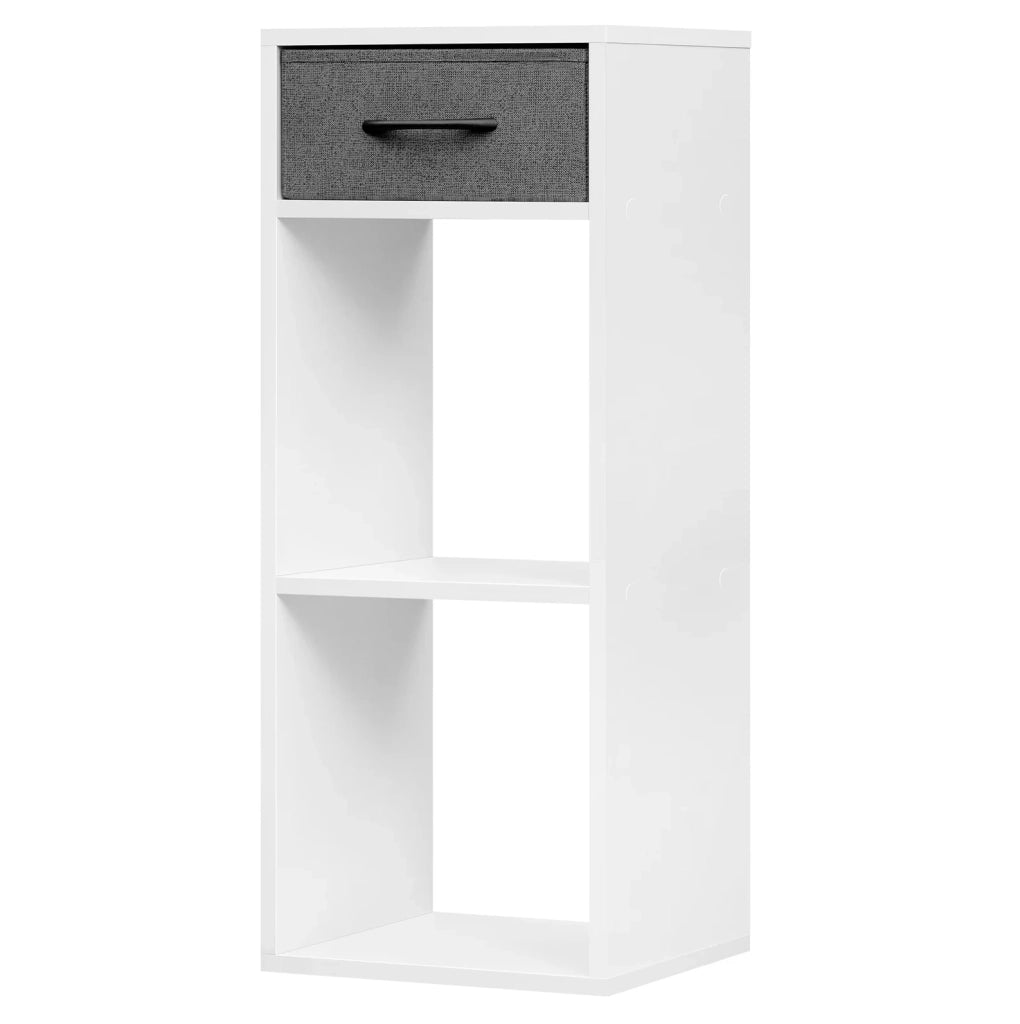 Libreria verticale salvaspazio grigio e bianco con cassetto