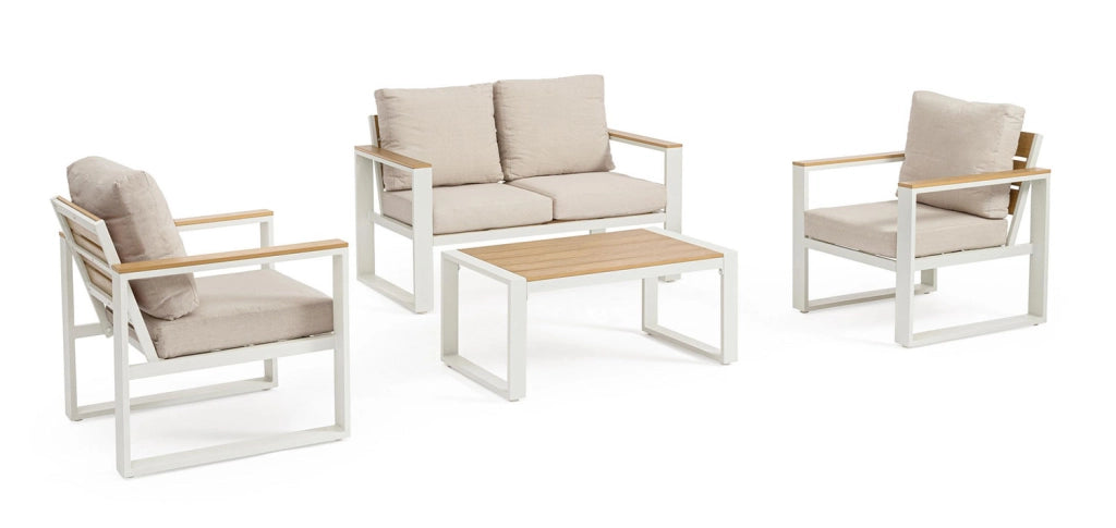 Set 4 Pezzi Salotto da Giardino con Divano 2 Poltrone e Tavolino in Alluminio e Polywood Leandro Bianco e Beige