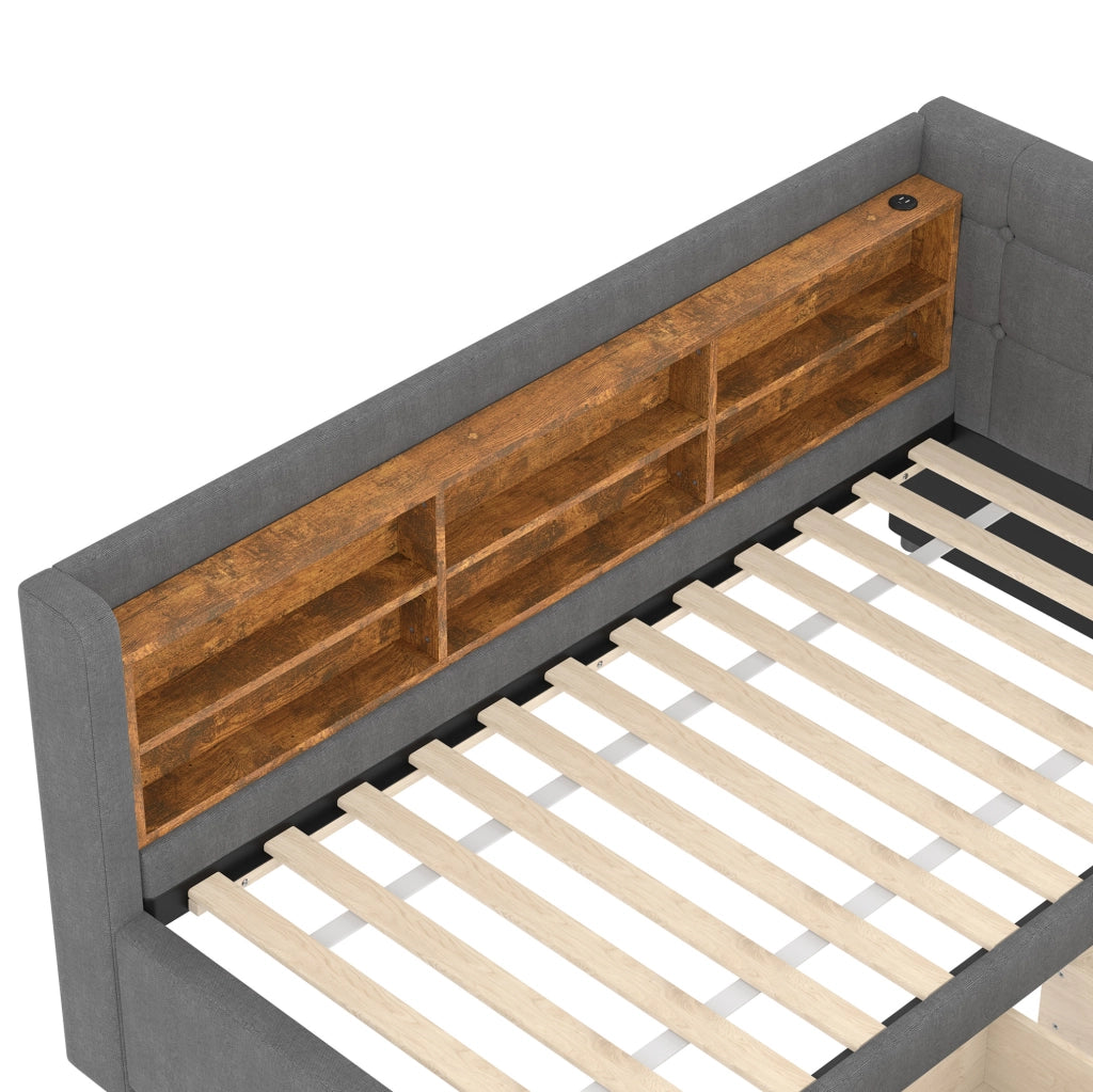 Letto singolo 90x200 cm con 2 cassetti, USB e USB-C, rete a doghe, grigio