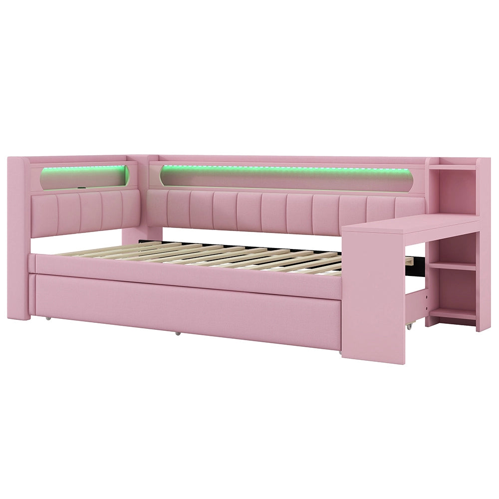 Letto a giorno-Xylo-90x200 cm-USB, LED, letto ribaltabile, scrivania, rosa