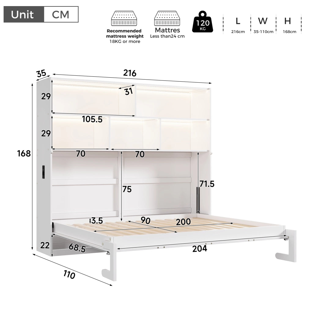 LETTO Contenitore 90x200 cm Bianco in MDF con LED e rete a doghe