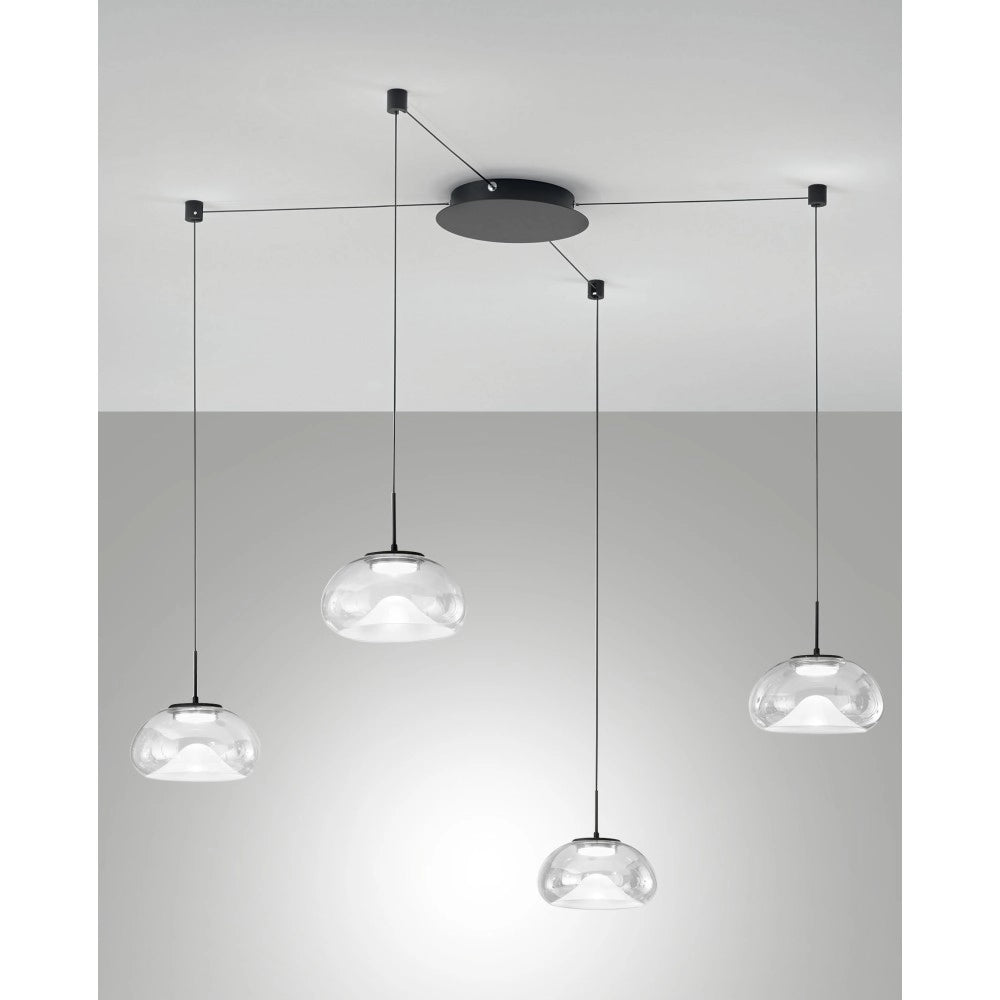 Brena - Lampada a sospensione decentrata trasparente 4 luci - Fabas Luce - LED 40W dimmerabile - Montaggio con decentramento