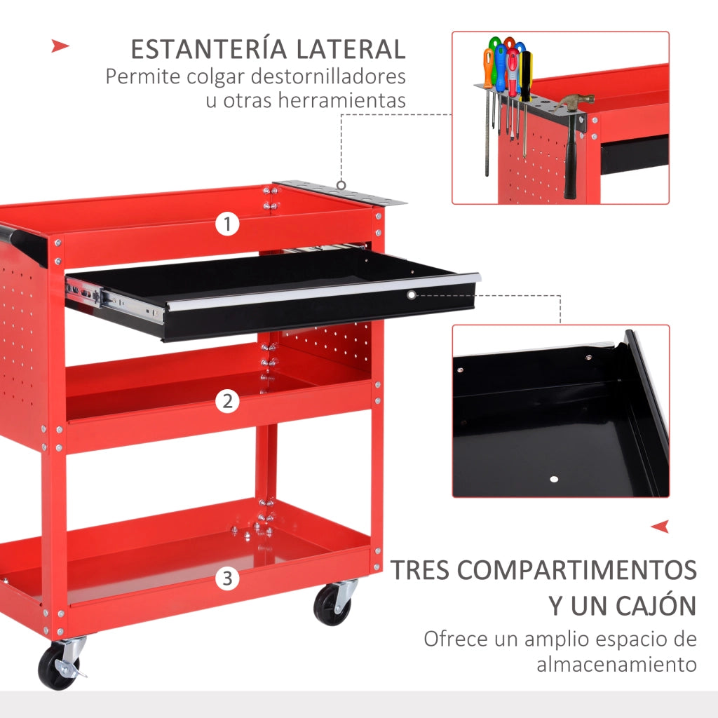 Carrello per attrezzi con 3 vassoi e cassetto ¨C Minimal ¨C Ruote con freni, pannello laterale perforato, rosso