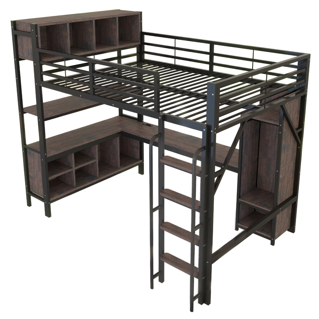 LETTO A SOPPALCO 140x200 cm con scrivania, armadio, LED, nero