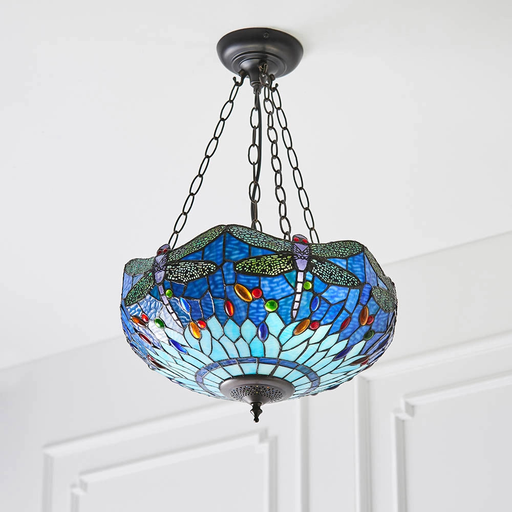 Lampadario sospensione Tiffany libellula blu 3xE27