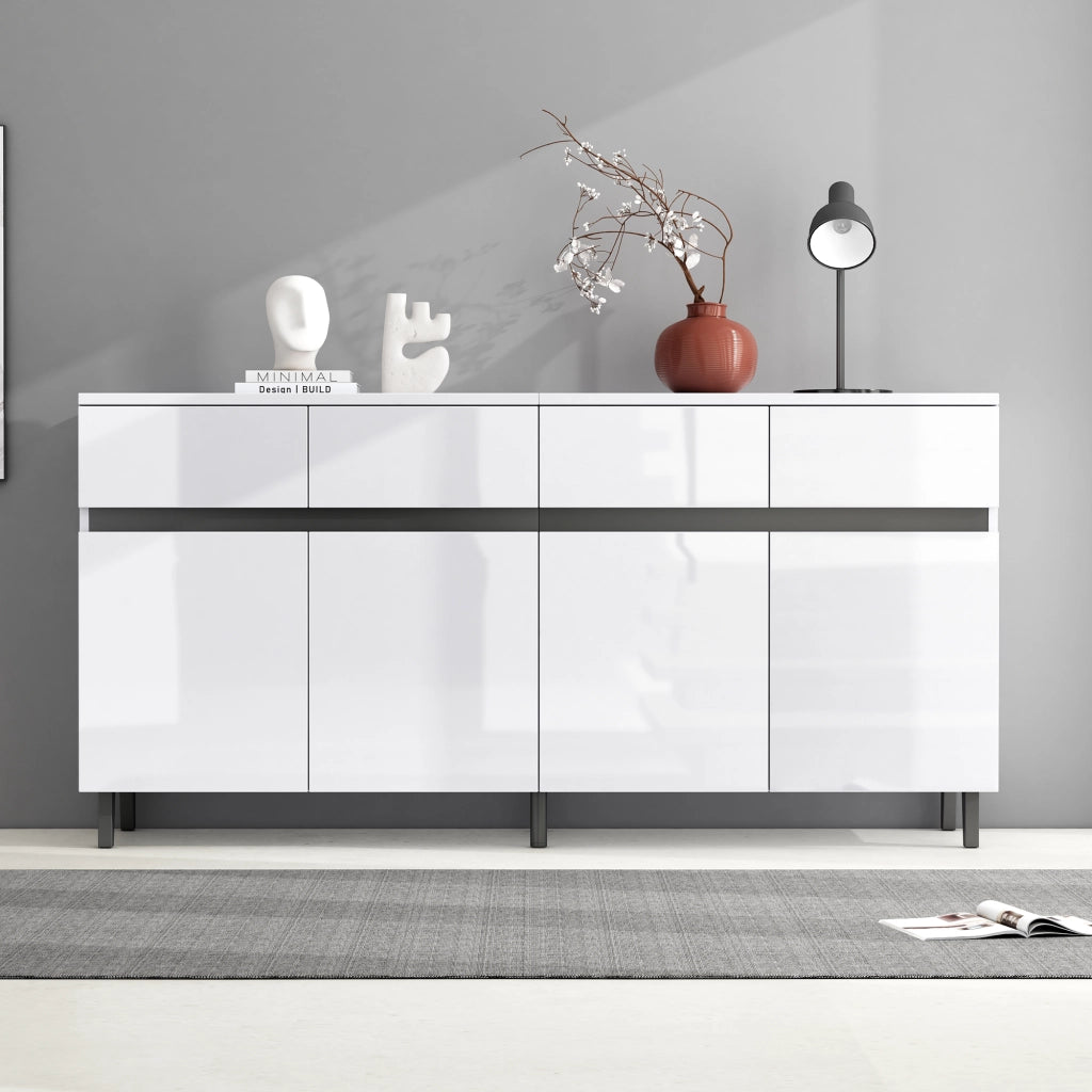 Sideboard bianco lucido con 4 cassetti, 2 ante e ripiani regolabili, 160 x 40 x 68 cm