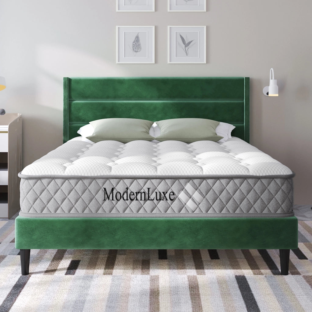 LETTO imbottito 140x200 cm in velluto verde con materasso incluso e rete a doghe