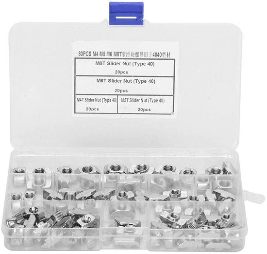 Elementi di connessione a scorrimento 80 pezzi - M4/M5/M6/M8 - Elementi di connessione a scorrimento - Elementi di connessione - Adatti per profili di alluminio 4040 - Incluso contenitore di conservazione - Elementi di connessione a scorrimento