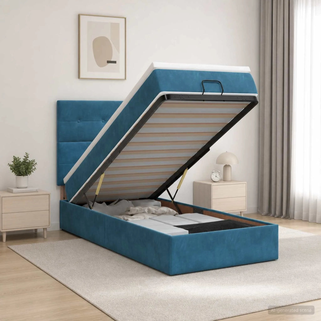 Letto Ottomano con Materasso e LED Blu scuro 90 x 190 cm 3458275