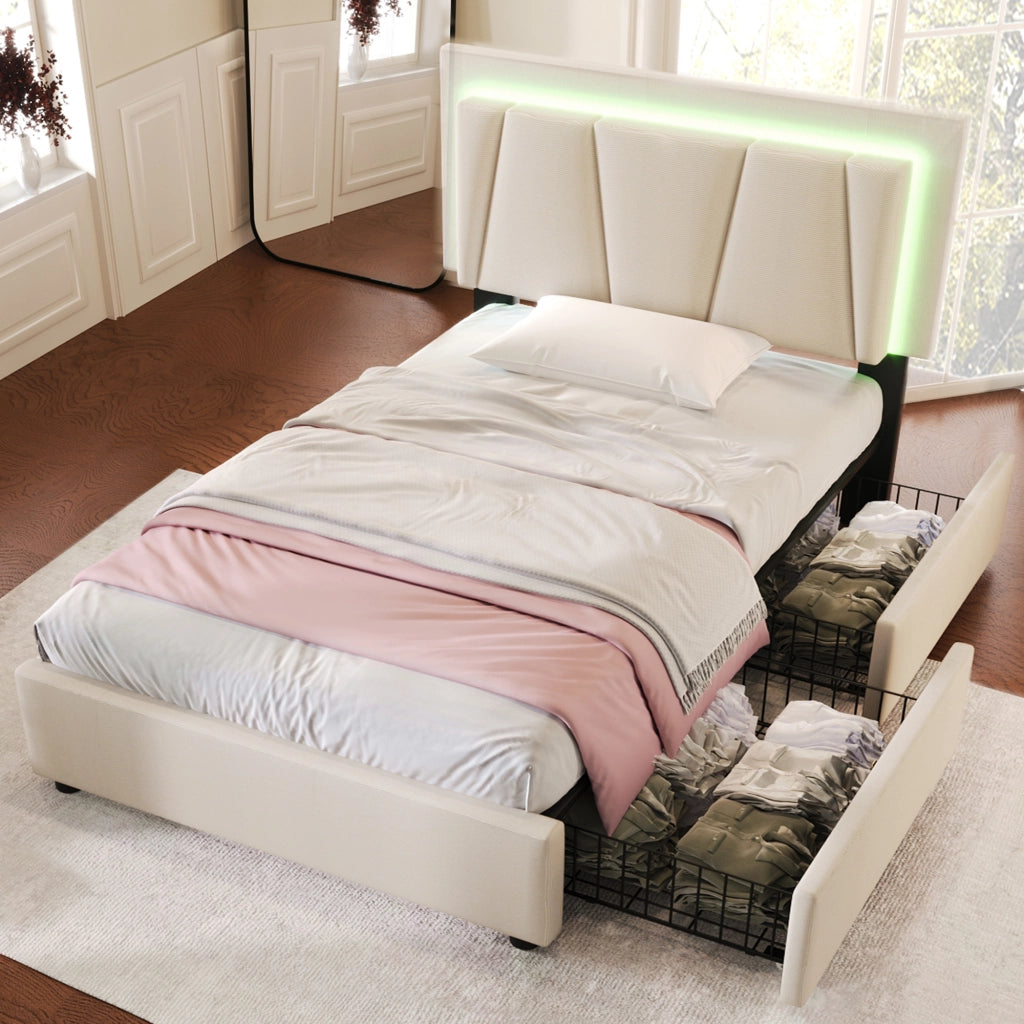 LETTO 90x200 cm Beige con testata regolabile, LED e 2 cassetti