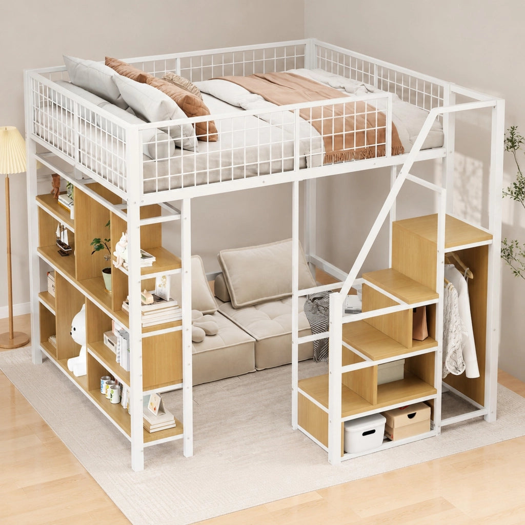 Letto a soppalco 140x200 cm con scala contenitore e spazio salvaspazio