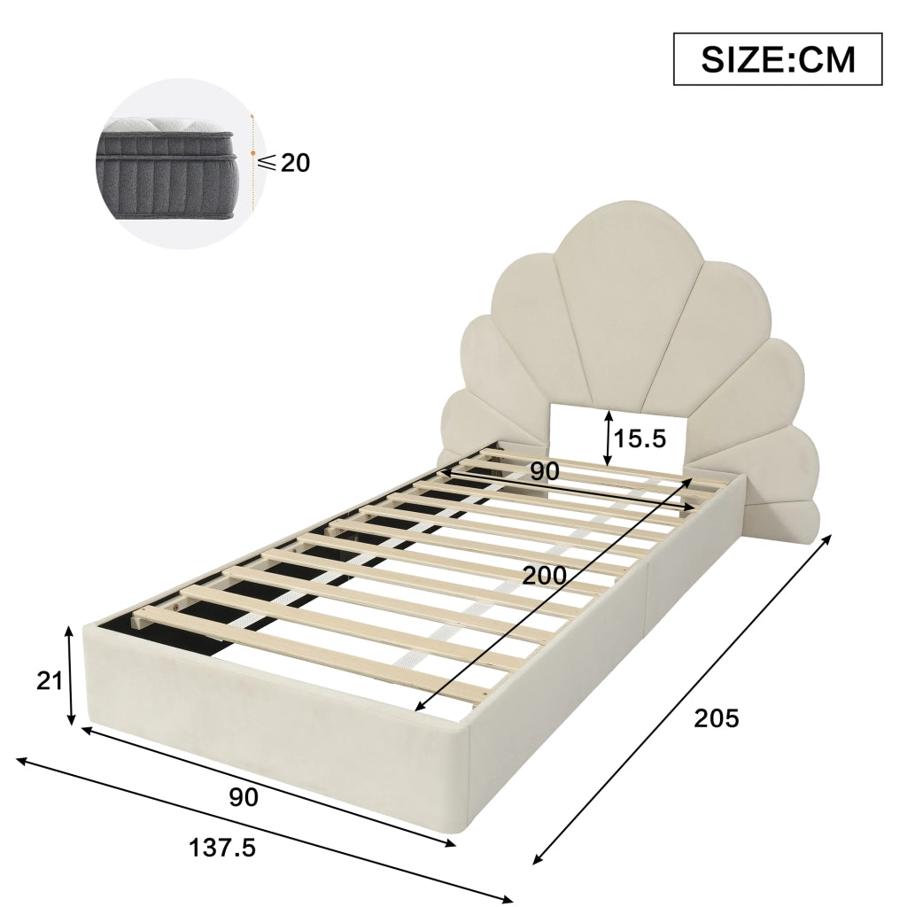 LETTO Singolo 90x200 cm Velluto Beige