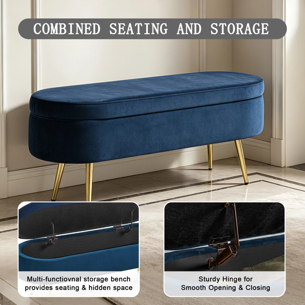 Panca contenitore con Cerniera idraulica e Gambe in metallo in Velluto Blu 111×41.5×24 cm