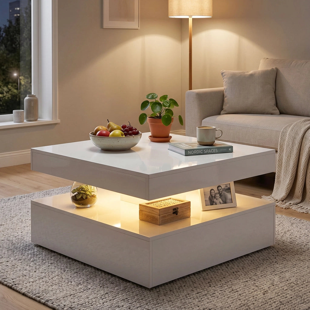 Tavolino da caff¨¨ con LED e cassetto ¨C Xylo ¨C bianco lucido con telecomando