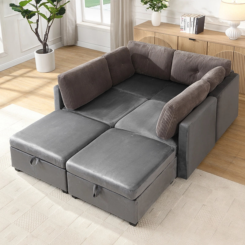 Divano modulare a U 6 moduli con contenitore e cuscini; velluto e cord; grigio antico