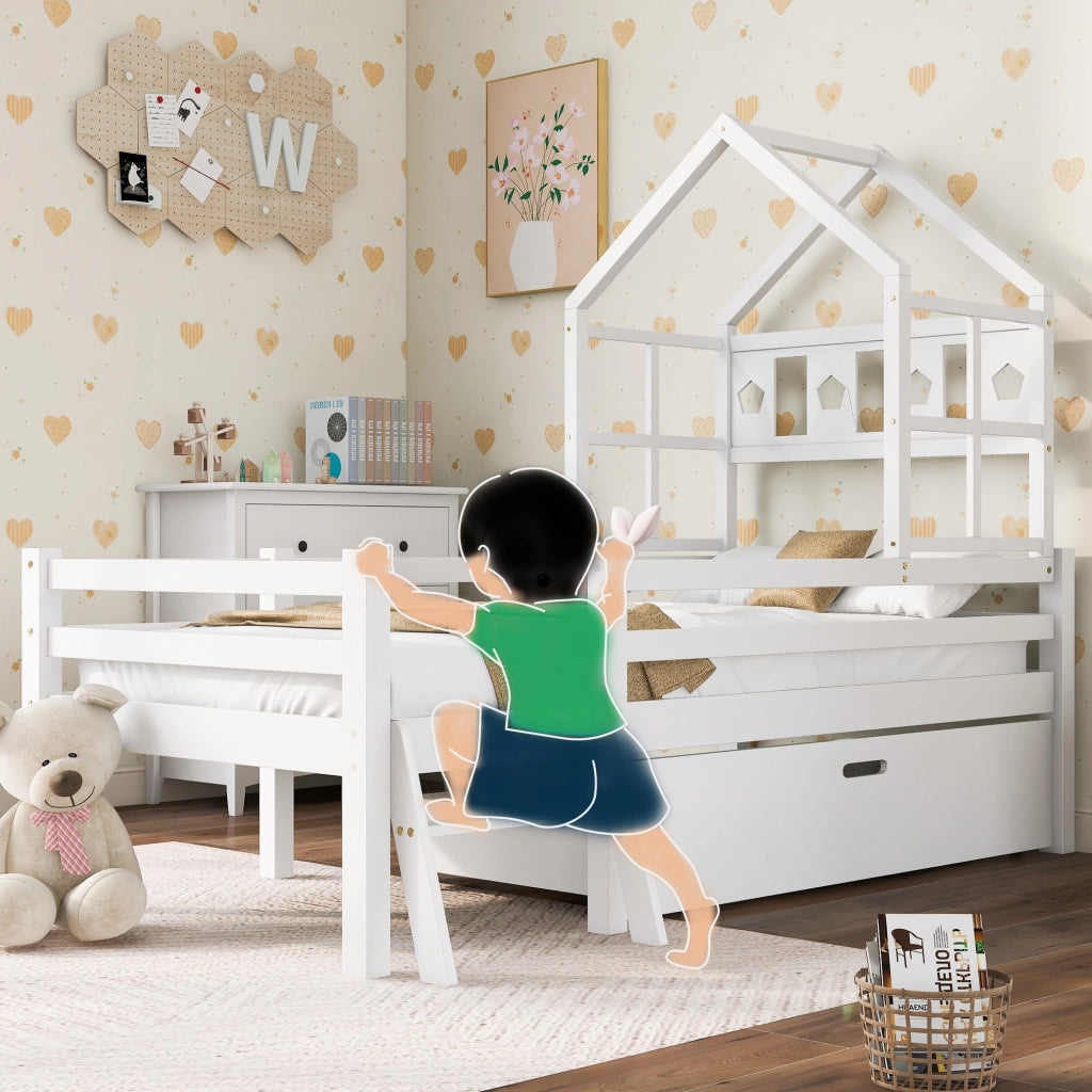 Letto a castello per bambini - Zephmum- Con scala e cassetti, 90x200cm, Bianco