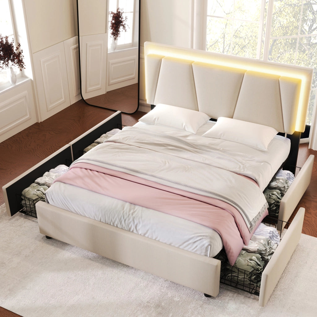 LETTO 160x200 cm con testiera regolabile, LED, 4 cassetti, Beige
