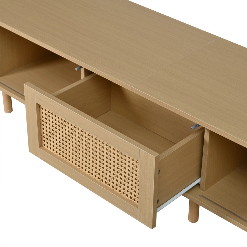 Mobile TV con 2 ante scorrevoli; cassetto e piano ovale in MDF naturale per soggiorno 180 × 40 × 40 cm