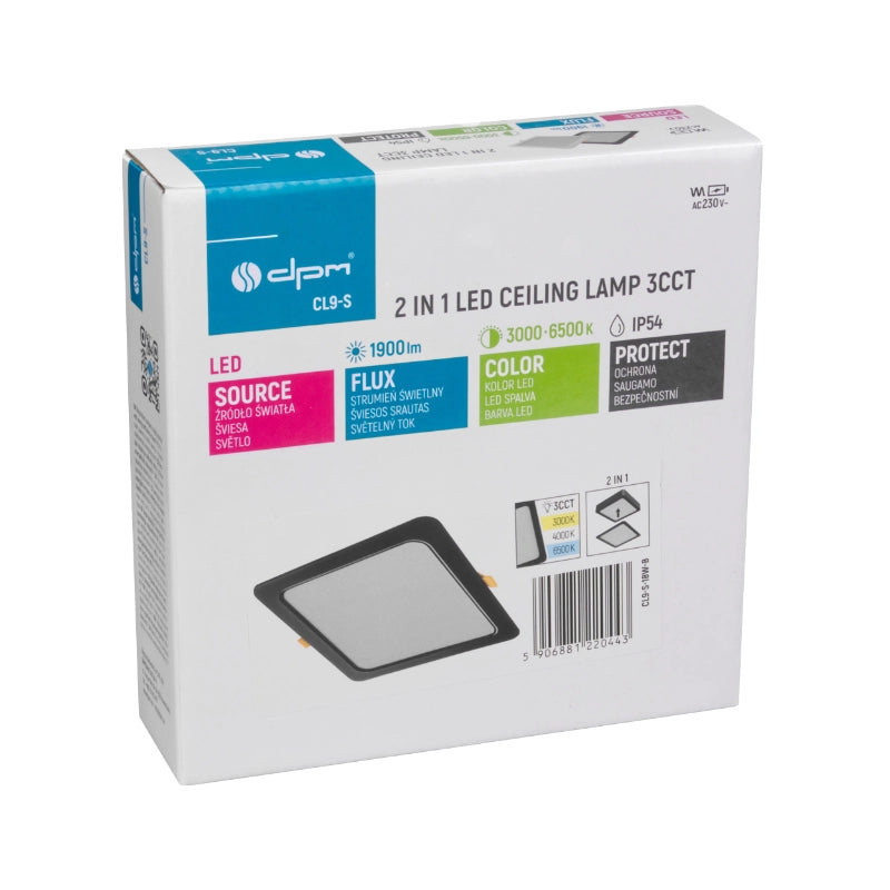 Plafoniera LED bagno 18W 2in1 quadrata nera IP54 DPM