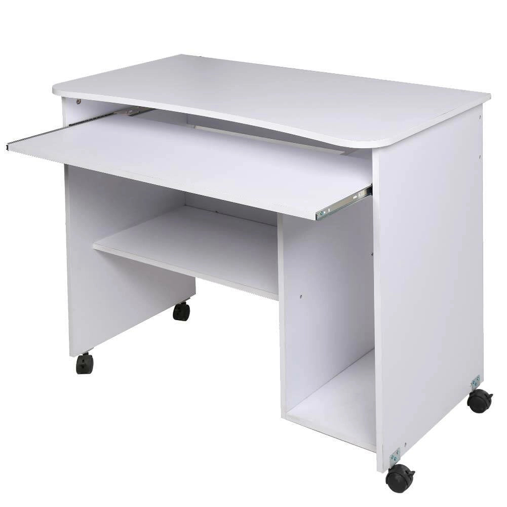Scrivania Tavolo con Porta Tastiera Coputer e Ripiano in Legno con Ruote Bianco