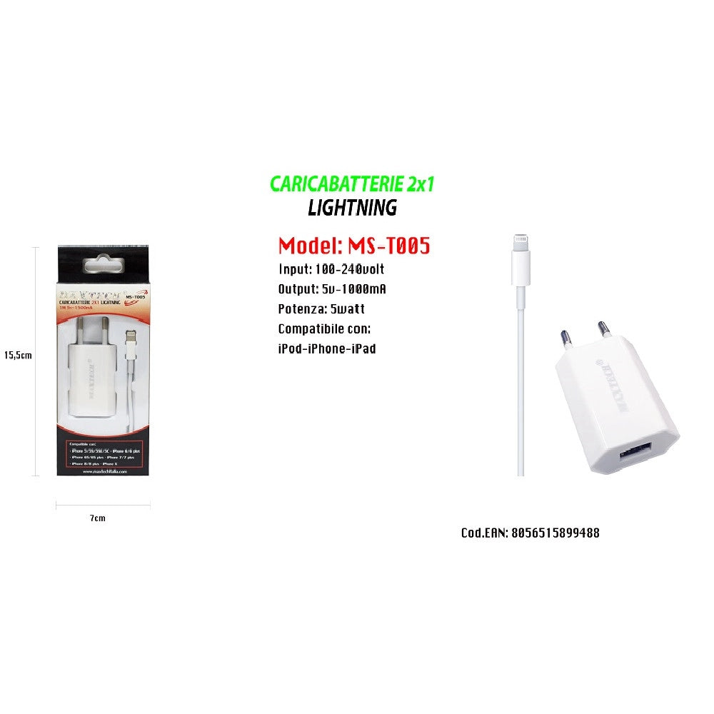 Trade Shop - Caricabatterie 2x1 Lightning Maxtech Con Adattatore Per Iphone 5v-1500ma 1mt Ms-t005 -